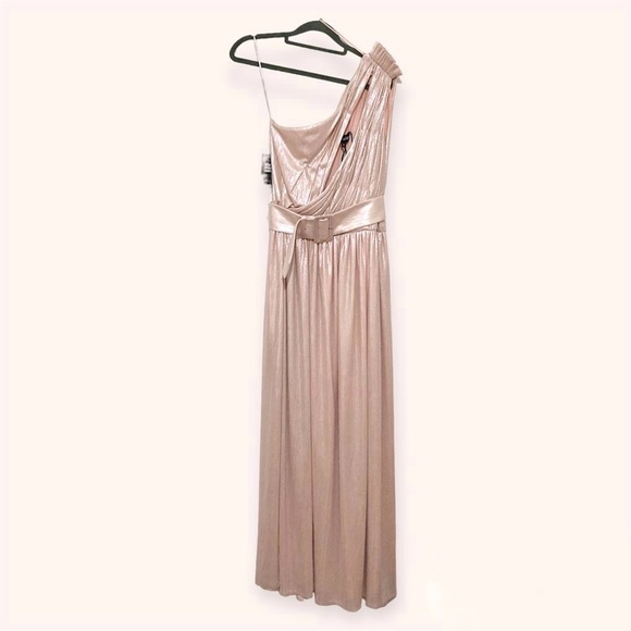 Retrofete Andrea One Shoulder Lamé Gown Metallic Pink Belt Size S NWT *FLAW* - Picture 3 of 14